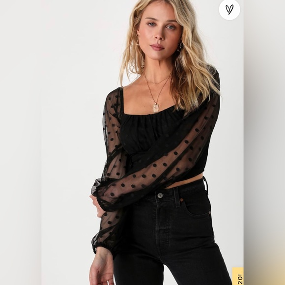 Lulus Tops - Lulu’s All My Attention Black Swiss Dot Puff Sleeve Crop Top